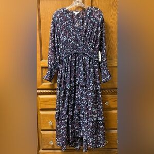 Time And Tru Women’s Blue Floral Print High Low Ruffle Peasant Dress Size Medium